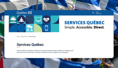 Screenshot of the Service Quebec website overlayed on image of people waving Quebec flags