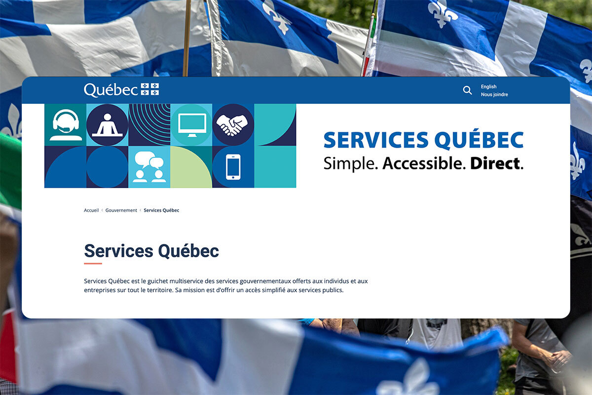 Screenshot of the Service Quebec website overlayed on image of people waving Quebec flags