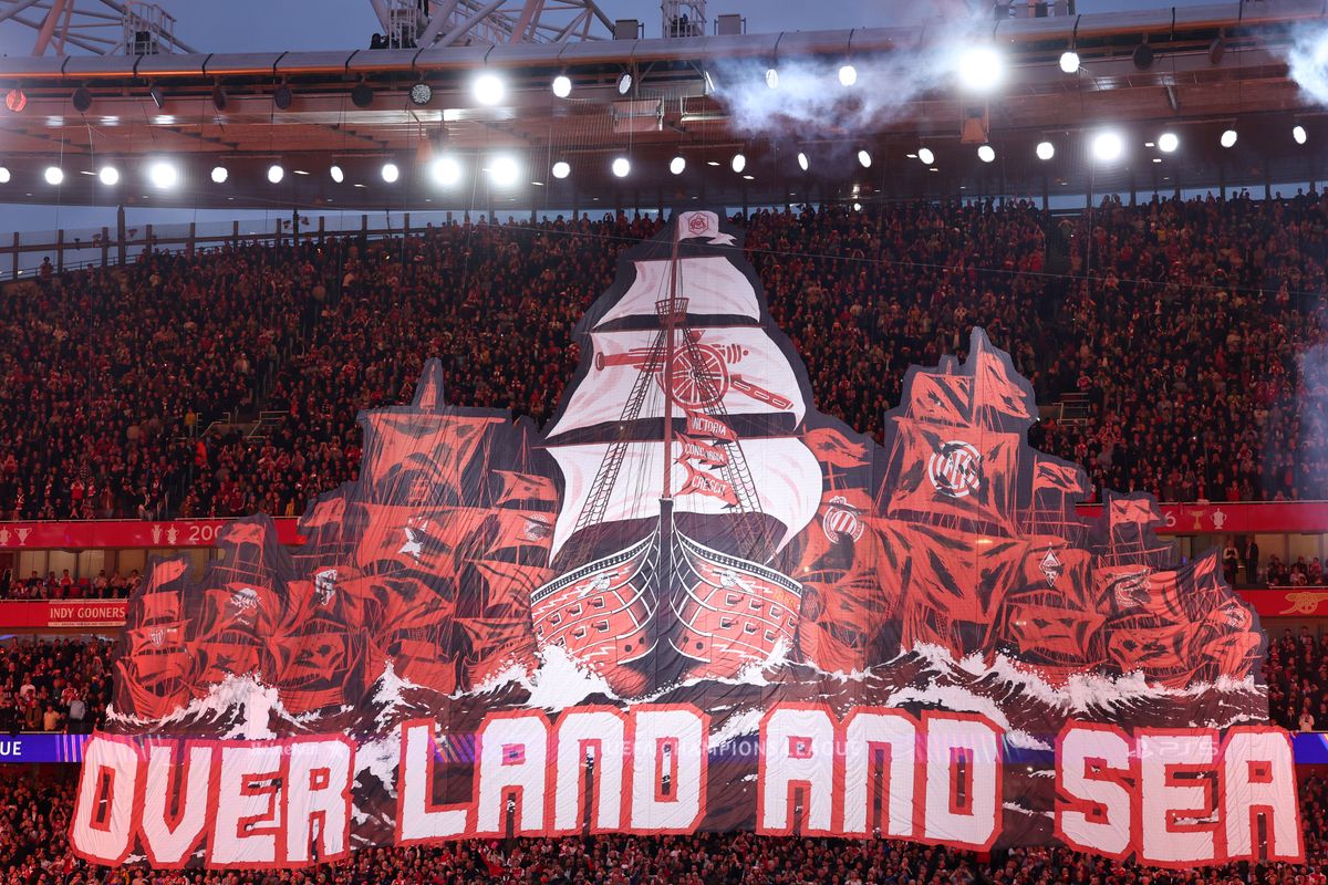 Arsenal fan display TiFo in the Emirates Stadium East Stand before Atletico Madrid victory