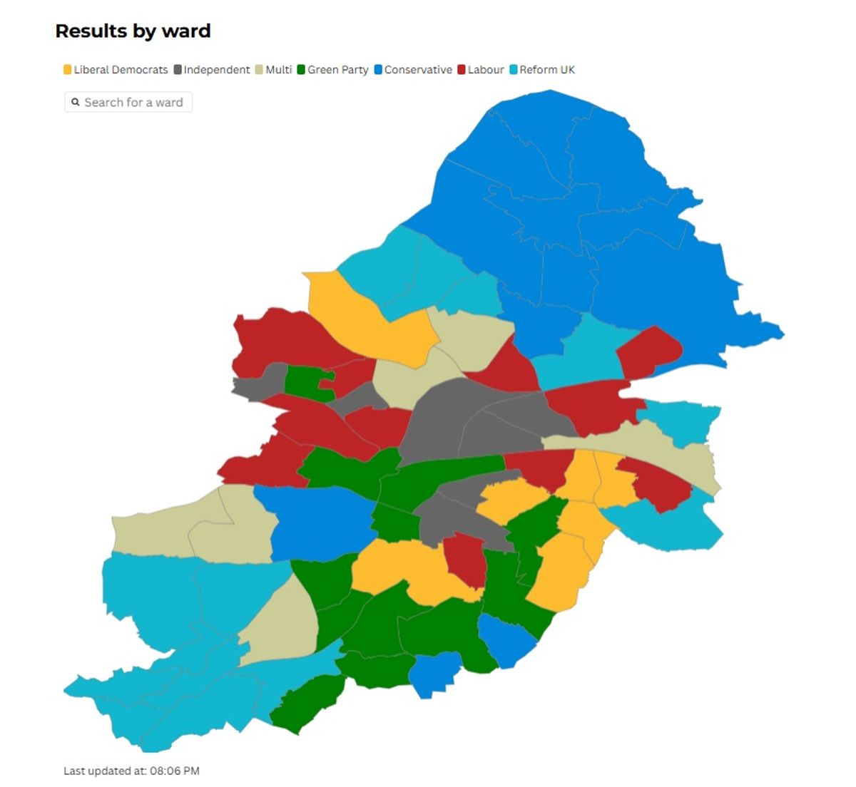 The colourful patchwork quilt of councillor colours making up the 2026 Birmingham City Council