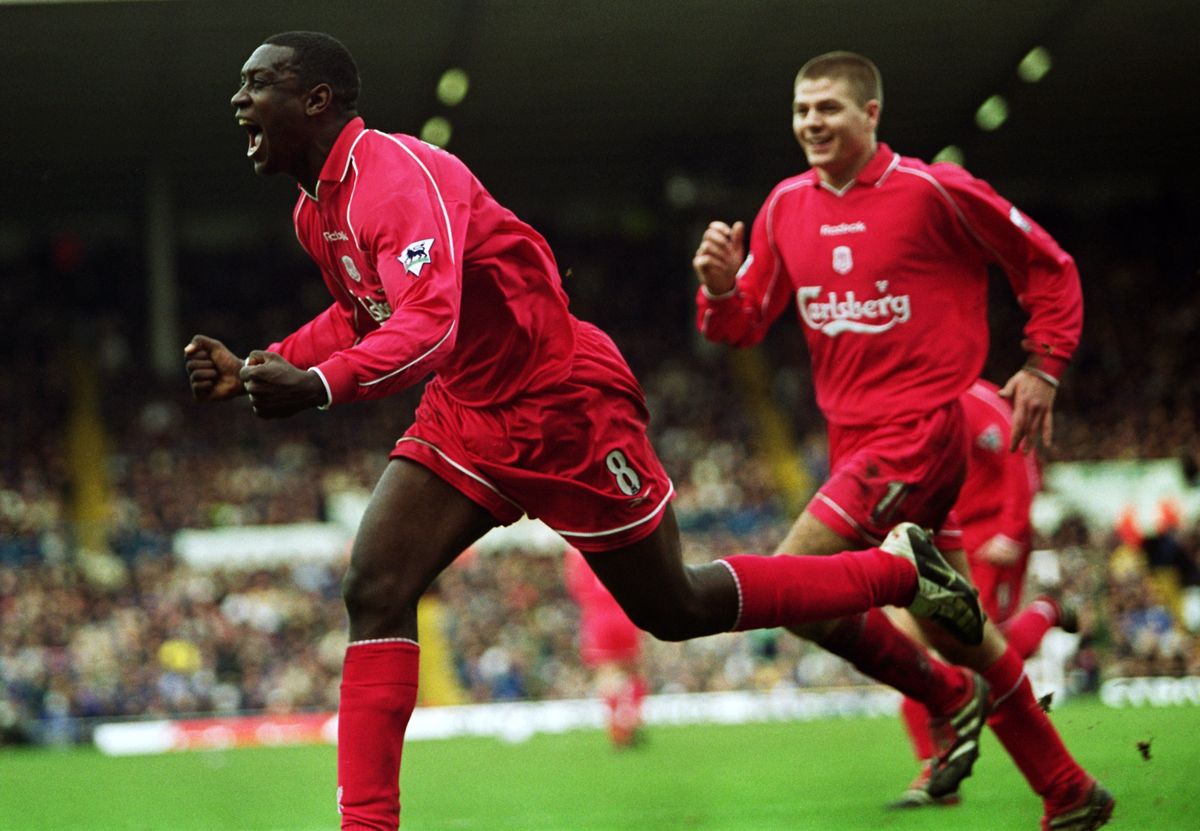 Emile Heskey of Liverpool celebrates scoring a goal during the FA Barclaycard Premiership match against Leeds United played at Elland Road