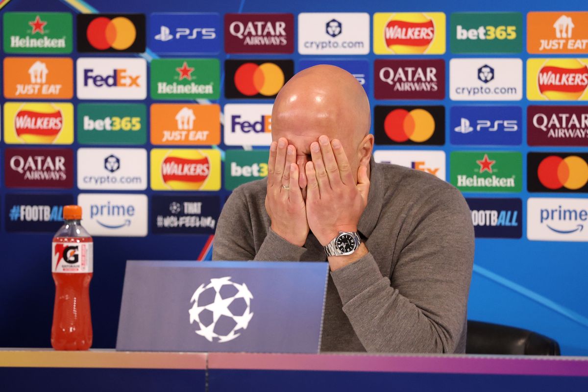 Arne Slot, Manager of Liverpool, speaks to the media in a post match press conference following the UEFA Champions League 2025/26 Quarter-Final Second Leg match between Liverpool FC and Paris Saint-Germain FC