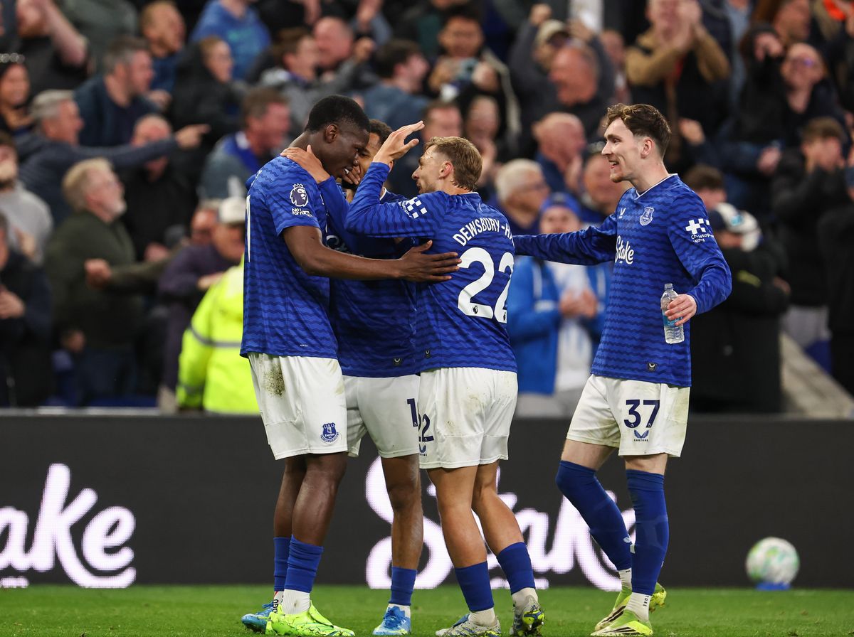 Thierno Barry celebrates scoring his side's first goal with Kiernan Dewsbury-Hall James Garner and Iliman Ndiaye during the Premier League match between Everton and Manchester City at Hill Dickinson Stadium. Photo by Lee Parker - CameraSport via Getty Images