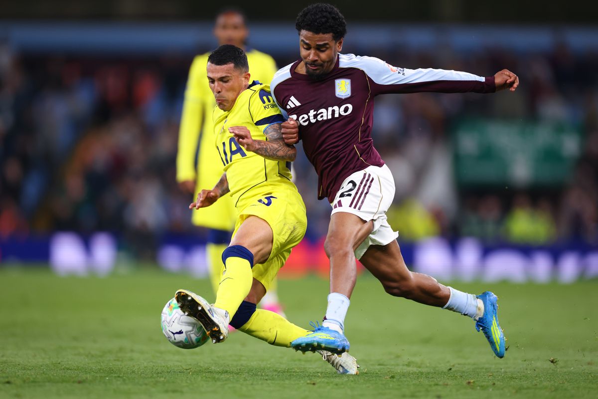 Ian Maatsen of Aston Villa in action with Pedro Porro of Tottenham Hotspur