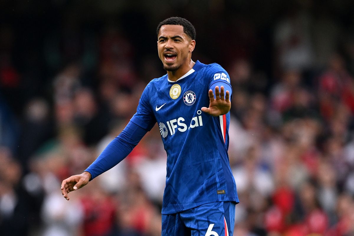 Levi Colwill of Chelsea gestures to his teammates during the Premier League match between Chelsea and Nottingham Forest at Stamford Bridge on May 04, 2026 in London, England