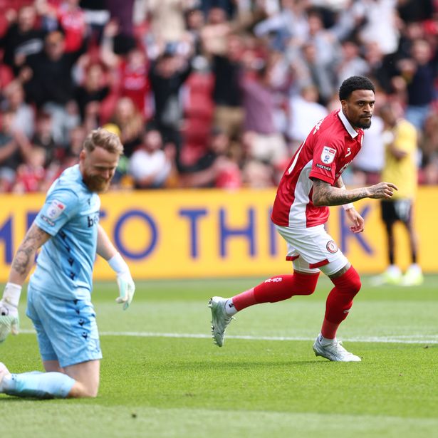 Delano Burgzorg of Bristol celebrates after scoring the opening goal during the Sky Bet Championship match between Bristol City and Stoke City at Ashton Gate