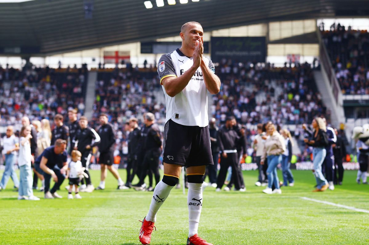 Carlton Morris of Derby County thanks the fans at the end of the match.