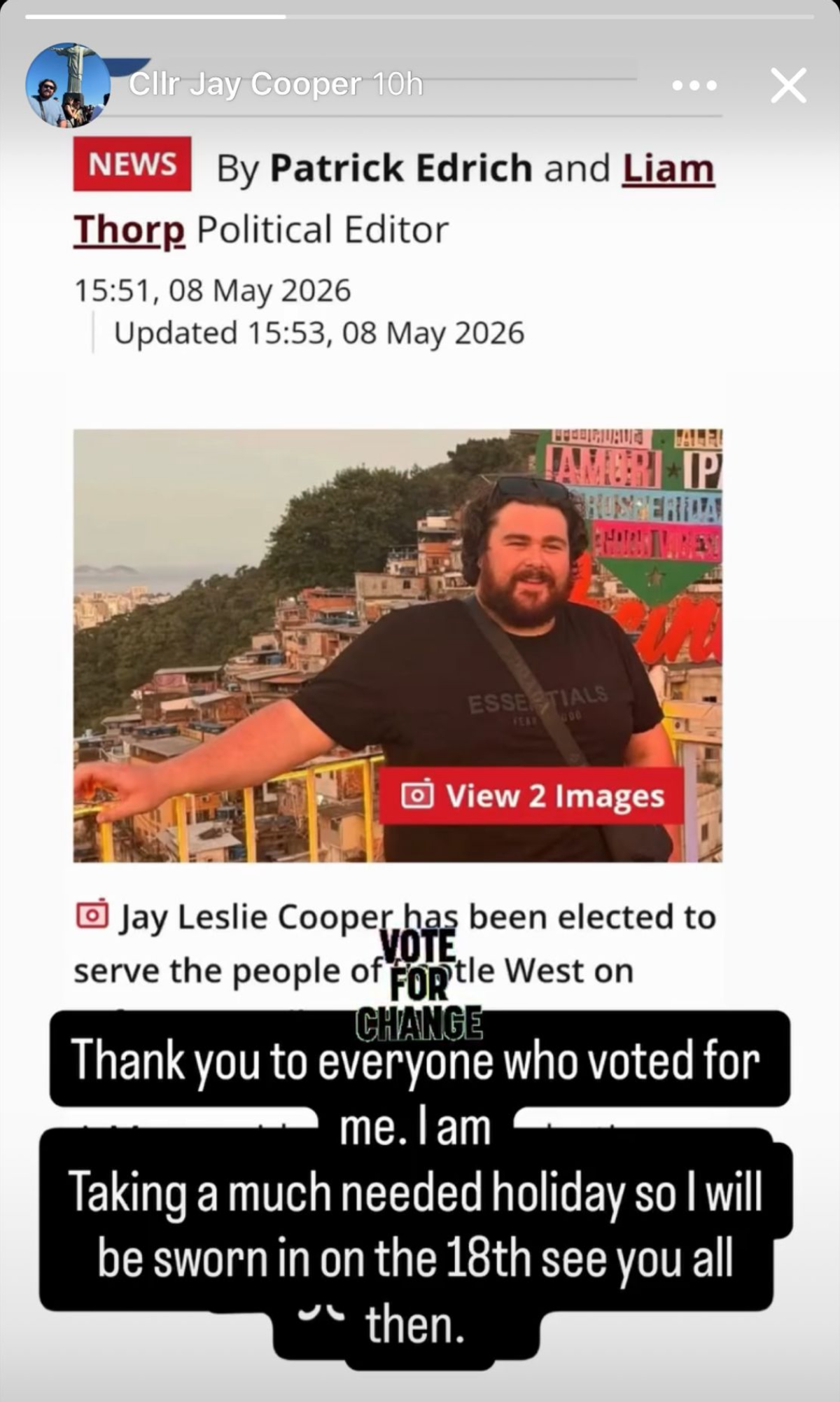 Jay Cooper said after his election he was going on holiday