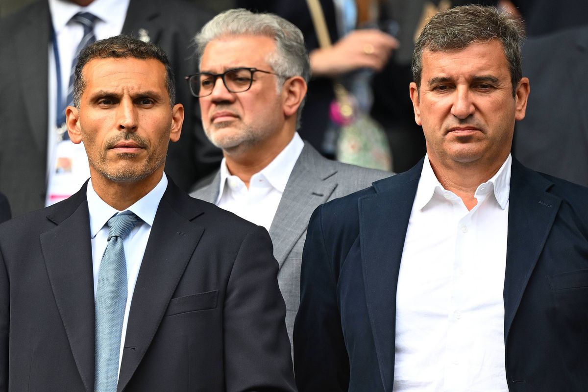 MANCHESTER, ENGLAND - AUGUST 23: Khaldoon Al Mubarak, Chairman of Manchester City, and Ferran Soriano, CEO of Manchester City, are seen in attendance prior to the Premier League match between Manchester City and Tottenham Hotspur at Etihad Stadium on August 23, 2025 in Manchester, England. (Photo by Clive Mason/Getty Images)