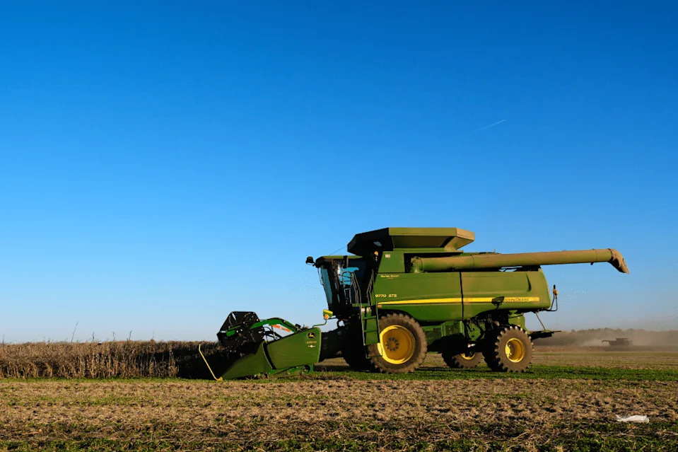 Austin Rohlfing harvests soybeans on his family's field Wednesday, Nov. 5, 2025, near Boonville, Mo.