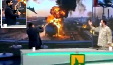 Moment Iranian TV news anchor fires assault rifle on live television