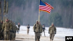 US soldiers march during bilateral military training exercises of US and Polish forces in 2017.