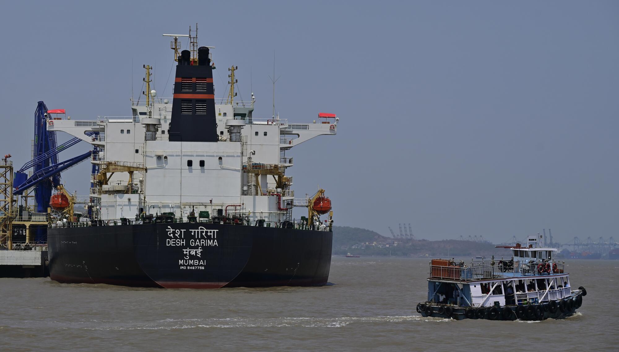 The Indian-flagged crude oil tanker Desh Garima is seen docked in Mumbai.