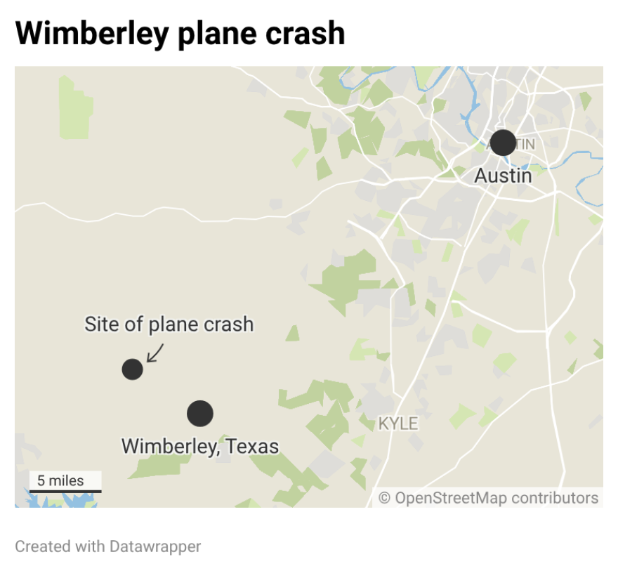 A map shows the location of the plane crash northwest of Wimberley.