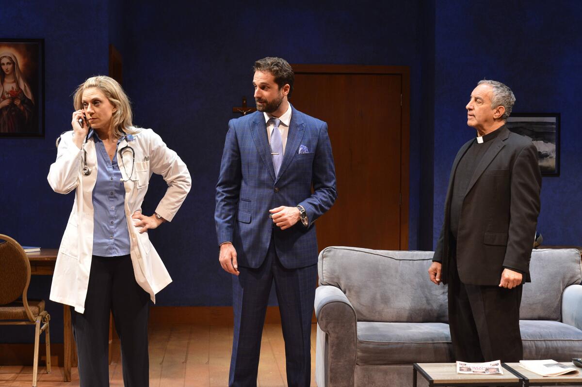 Anna Van Valin, from left, Elias Scoufaras and Bruce Nozick in "Warsaw" at International City Theatre.