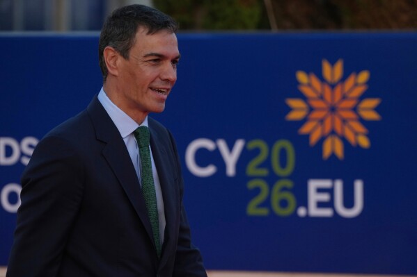 Spain's Prime Minister Pedro Sanchez arrives for the EU Summit in Ayia Napa, Cyprus, Thursday, April 23, 2026. (AP Photo/Petros Karadjias)