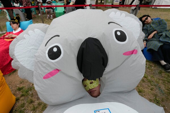 Participants take a nap during the 2026 Hangang Nap Competition at Yeouido Hangang Park in Seoul, South Korea, Saturday, May 2, 2026. (AP Photo/Ahn Young-joon)