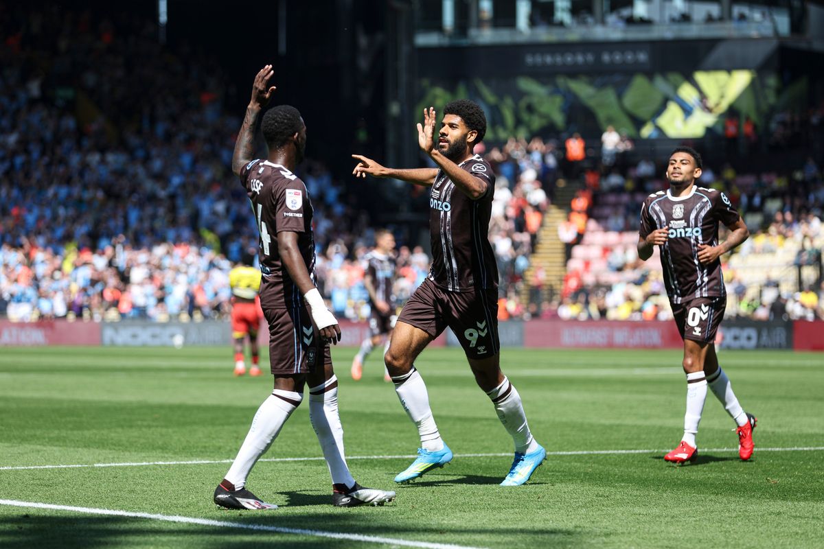 Ellis Simms of Coventry City celebrates scoring against Watford