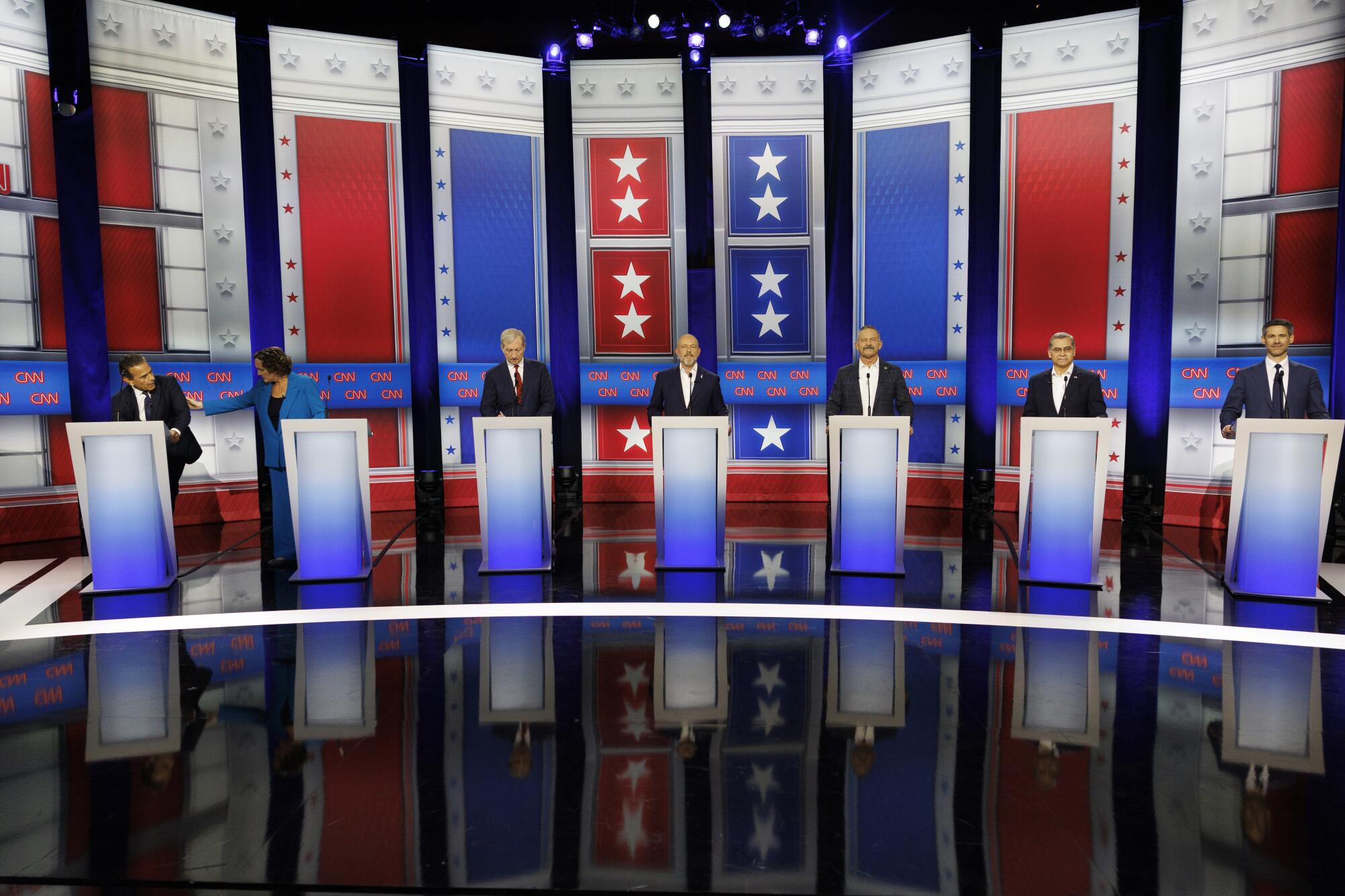 The seven participants in Tuesday night's California gubernatorial debate onstage at East Los Angeles College.