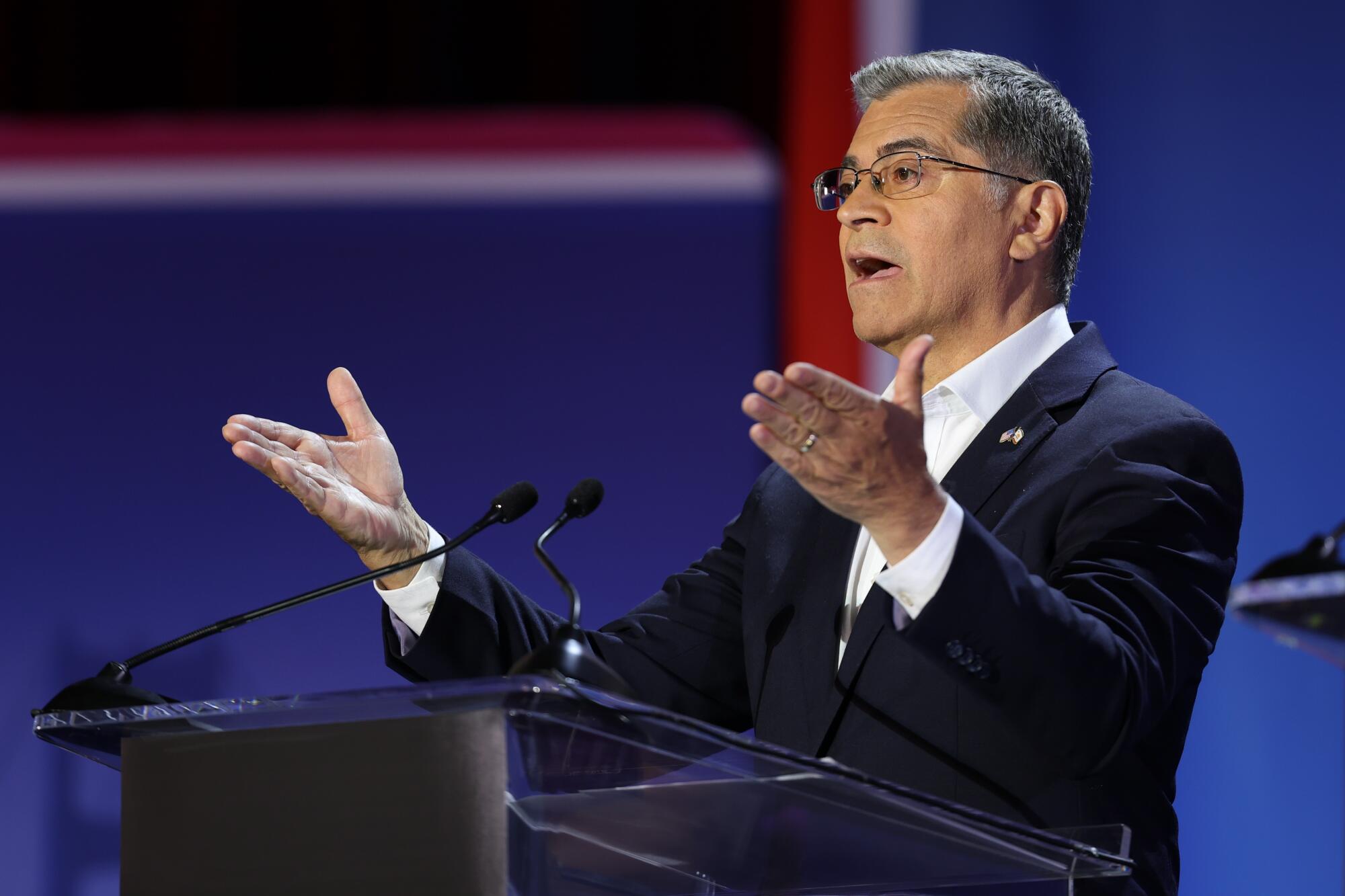 Xavier Becerra answers a question during a gubernatorial debate at Pomona College on April 28.
