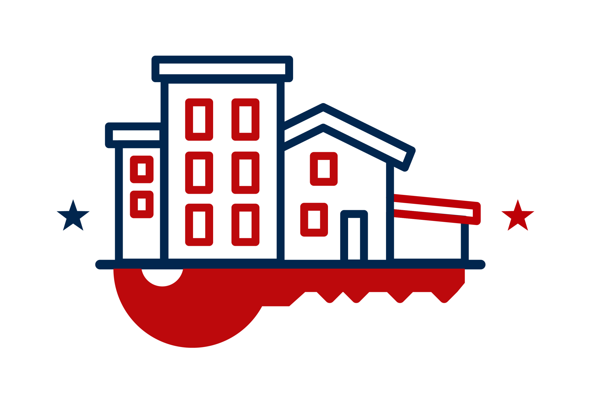 Housing and Homeless - illustration of homes with a red key under them
