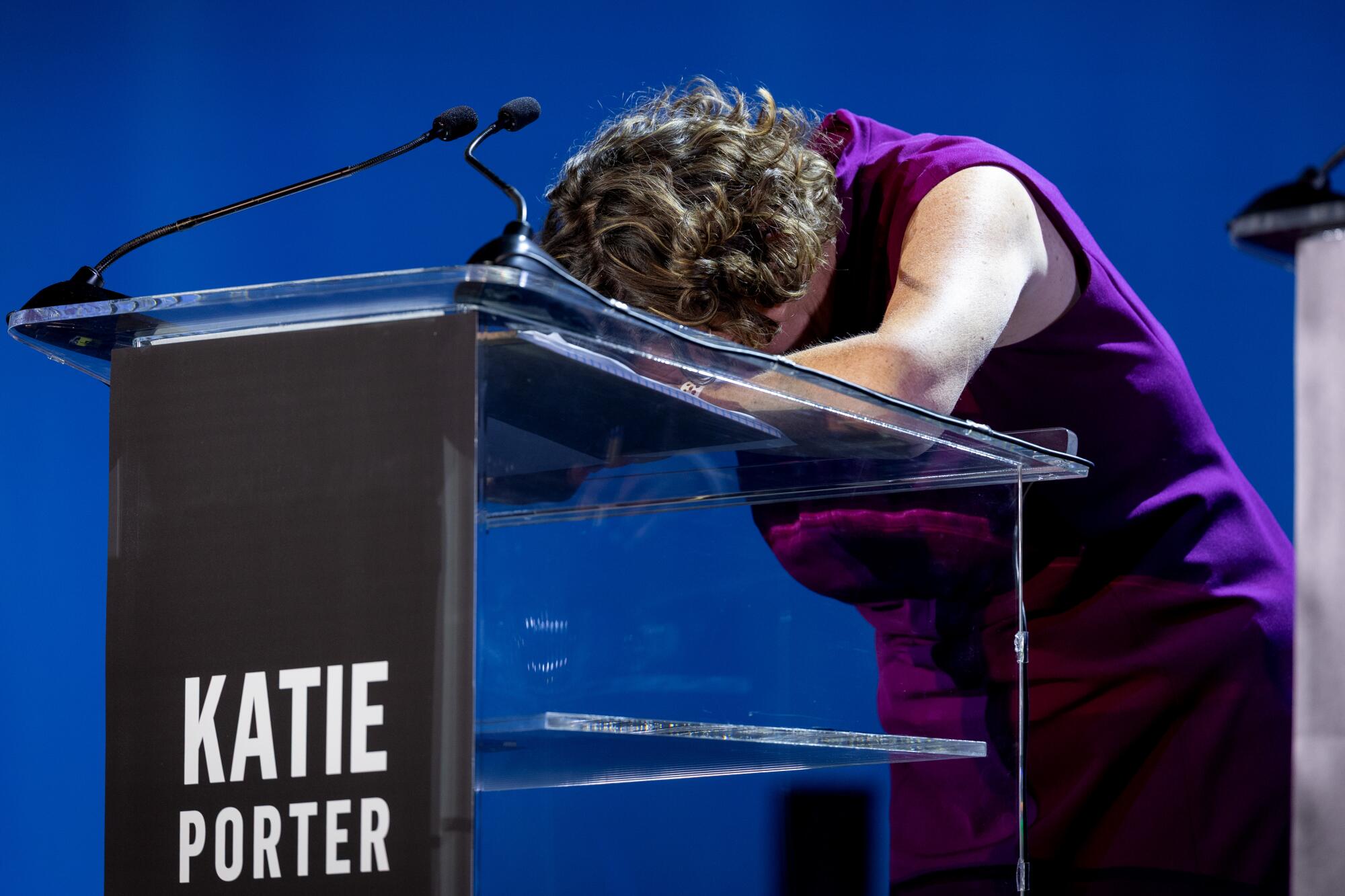 Katie Porter reacts during a gubernatorial debate at Pomona College in Claremont.