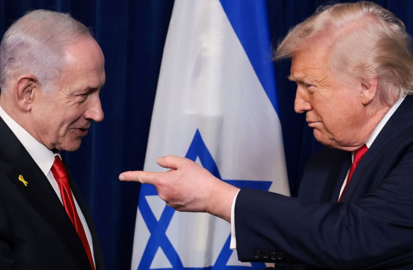 US President Donald Trump points his finger towards Israeli Prime Minister Benjamin Netanyahu during a press conference after meeting at Trump’s Mar-a-Lago club in Palm Beach, Florida, December 29, 2025.