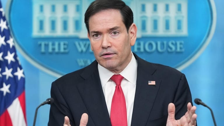 Secretary of State Marco Rubio speaks during a press briefing...