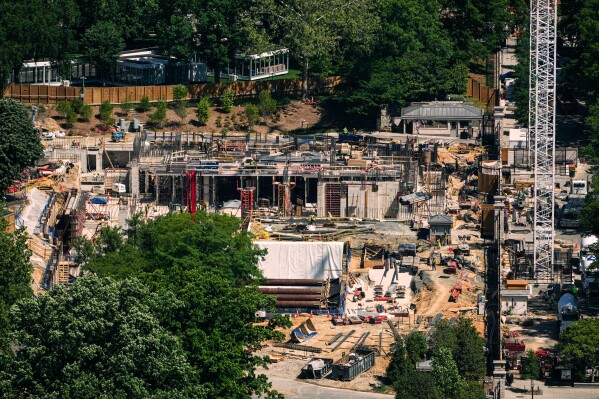 Construction on the new White House ballroom is seen from the Washington Monument, Tuesday, May 5, 2026, in Washington. (AP Photo/Julia Demaree Nikhinson)