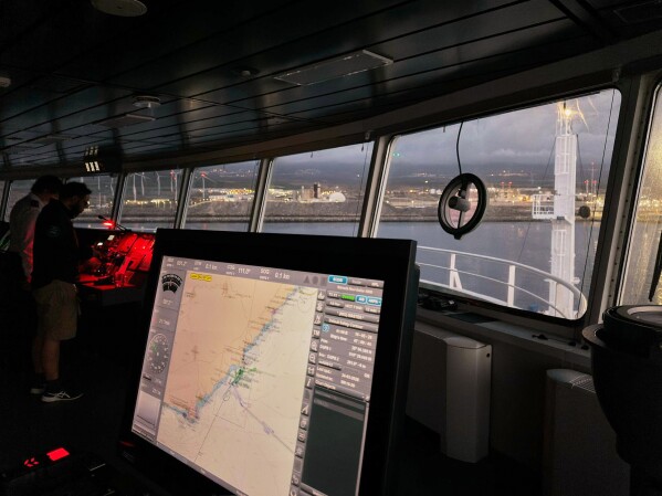 View from the bridge of the hantavirus-stricken cruise ship MV Hondius after its arrival at the port of Granadilla in Tenerife, Canary Islands, Spain, Sunday, May 10, 2026. (AP Photo)