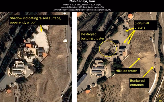 Min-Zadayi is a previously unknown site suspected to play a key role in Iran’s attempt to reconstitute nuclear weapons capabilities post-June 2025. A close up of the hillside crater and smaller craters on a nearby concrete surface, apparently a roof for a partially buried area. (Photo by the Institute for Science and International Security) 