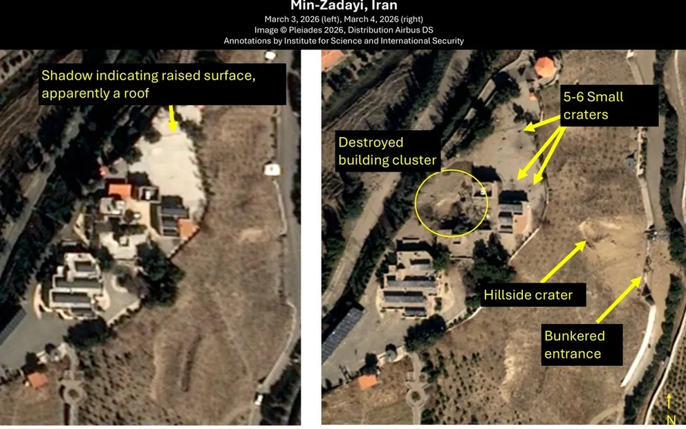 Min-Zadayi is a previously unknown site suspected to play a key role in Iran’s attempt to reconstitute nuclear weapons capabilities post-June 2025. A close up of the hillside crater and smaller craters on a nearby concrete surface, apparently a roof for a partially buried area. (Photo by the Institute for Science and International Security) 