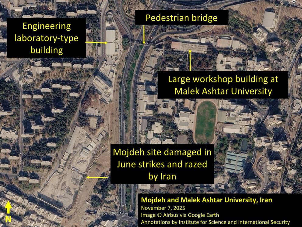 The two newly targeted buildings are close to the previously targeted (June 2025) SPND Mojdeh site and connected by footpaths. All three are involved in nuclear weapons development, according to David Albright (Photo by the Institute for Science and International Security) 