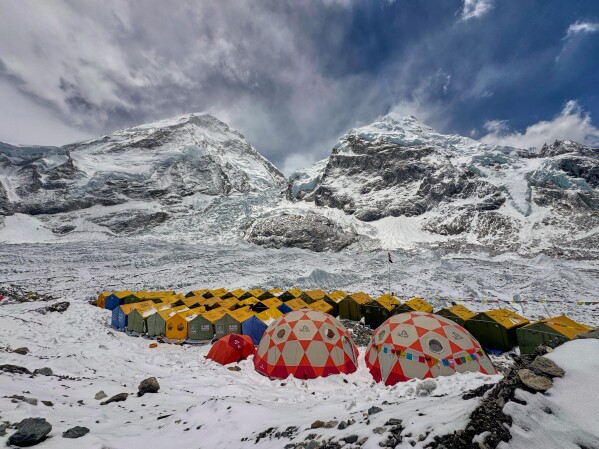 Mountaineers' tents are pitched at the base camp before their ascent of Mount Everest, Nepal, Sunday, May 10, 2026. (AP Photo/Pasang Rinzee Sherpa)