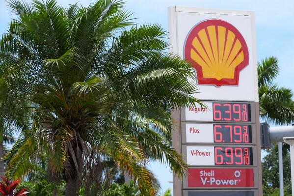 Gas prices are displayed at a Shell gas station in Miami, Tuesday, May 12, 2026. (AP Photo/Marta Lavandier)