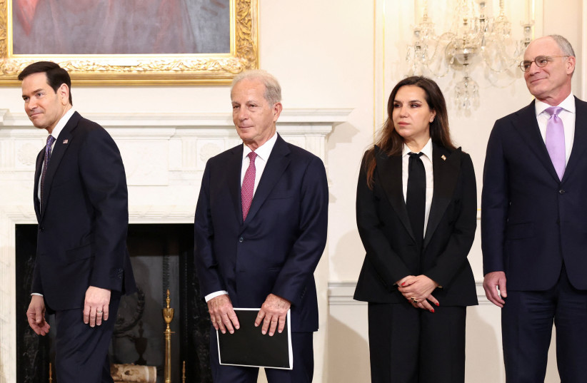 US Secretary of State Marco Rubio, US Ambassador to Lebanon Michel Issa, Lebanon Ambassador to the U.S. Nada Hamadeh Moawad and Israel Ambassador to the U.S. Yechiel Leiter walk to their meeting at the State Department in Washington, DC, U.S., April 14, 2026.