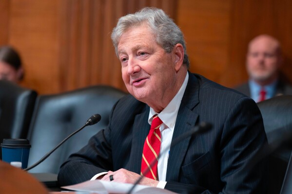 Sen. John Kennedy, R-La., speaks during the Senate Subcommittee on Commerce, Justice, Science, and Related Agencies hearing on Fiscal Year 2027 Budget Request for the FBI, the Drug Enforcement Administration; the United States Marshals Service and the Bureau of Alcohol, Tobacco, Firearms and Explosives on Capitol Hill, Tuesday, May 12, 2026, in Washington. (AP Photo/Jose Luis Magana)