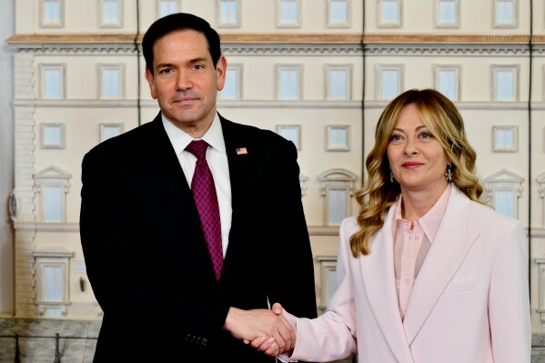 US Secretary of State Marco Rubio meets Italy's Prime Minister Giorgia Meloni during his two-day visit to Italy and the Vatican, in Rome, Friday, May 8, 2026. (Stefano Rellandini/Pool Photo via AP)