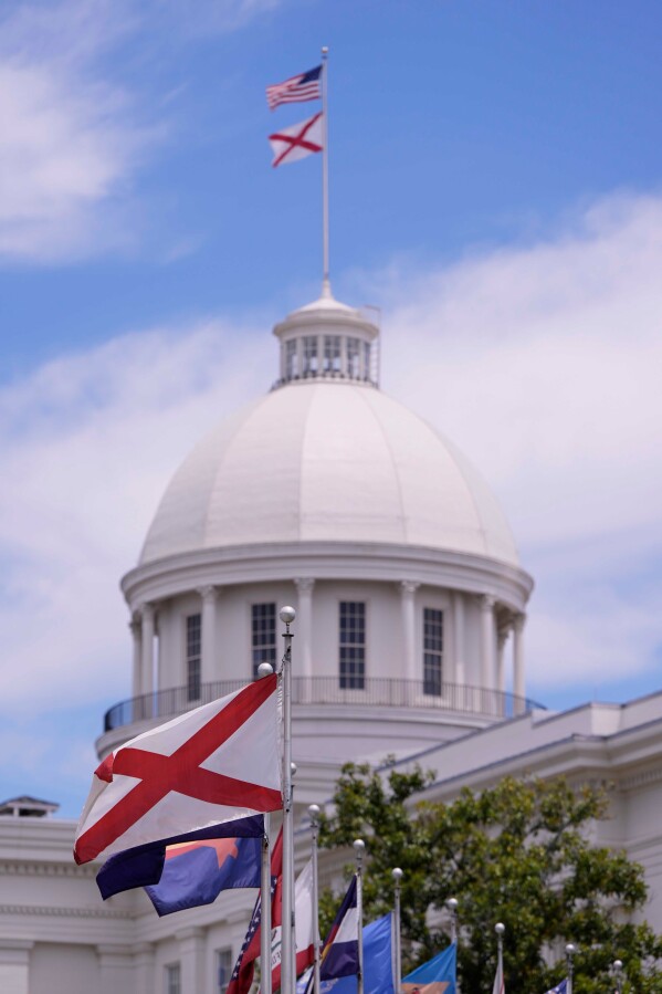 The State capitol is seen during a voting rally, Saturday, May 16, 2026, in Montgomery, Ala. (AP Photo/Mike Stewart)