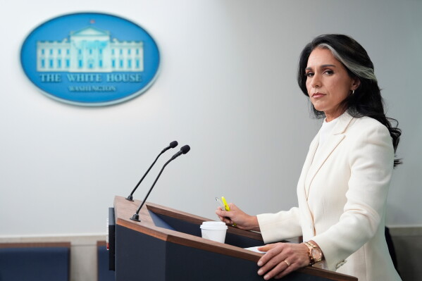 FILE - Director of National Intelligence Tulsi Gabbard speaks with reporters in the James Brady Press Briefing Room at the White House, July 23, 2025, in Washington. (AP Photo/Alex Brandon, File)