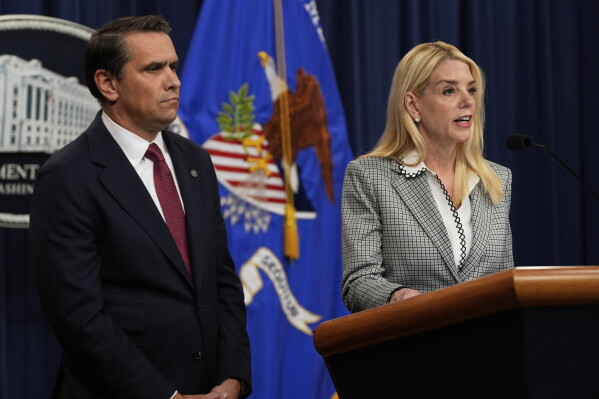 Attorney General Pam Bondi speaks as Deputy Attorney General Todd Blanche listens during a news conference about Kilmar Abrego Garcia at the Justice Department, June 6, 2025, in Washington. (AP Photo/Julia Demaree Nikhinson, File)