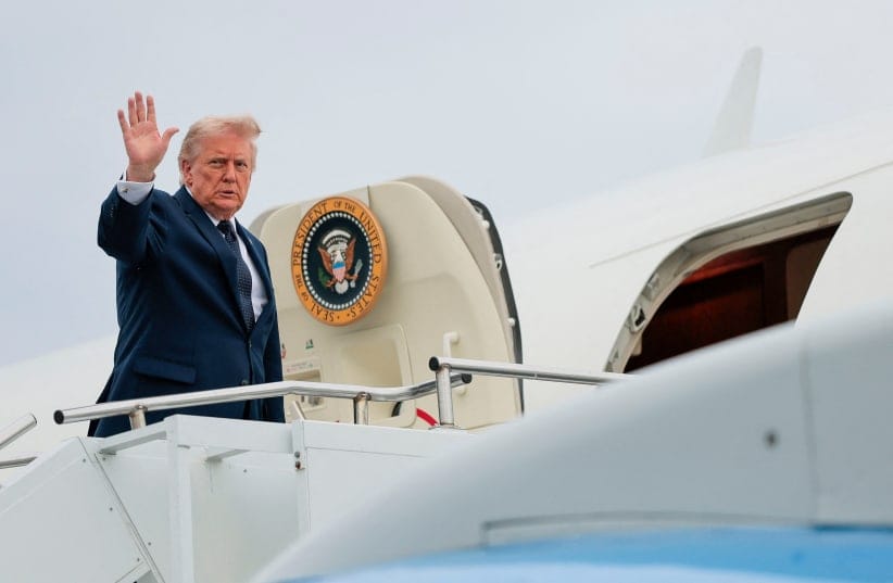 US President Donald Trump boards Air Force One en route to Joint Base Andrews, Maryland, as he departs Morristown Airport in Morristown, New Jersey, May 22, 2026.