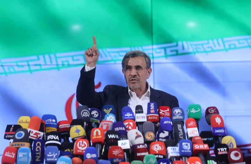 MAHMOUD AHMADINEJAD former president of Iran, speaks at a press conference after registering as a candidate for the presidential election at the Interior Ministry, in Tehran, Iran June 2, 2024. (credit: MAJID ASGARIPOUR/WANA