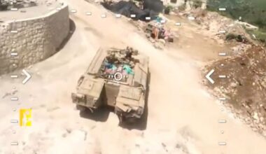 Footage released by Hezbollah claims to show an attack on an armored personnel carrier, carried out in Qantara, Lebanon, in this screengrab taken from a handout video released on April 28, 2026