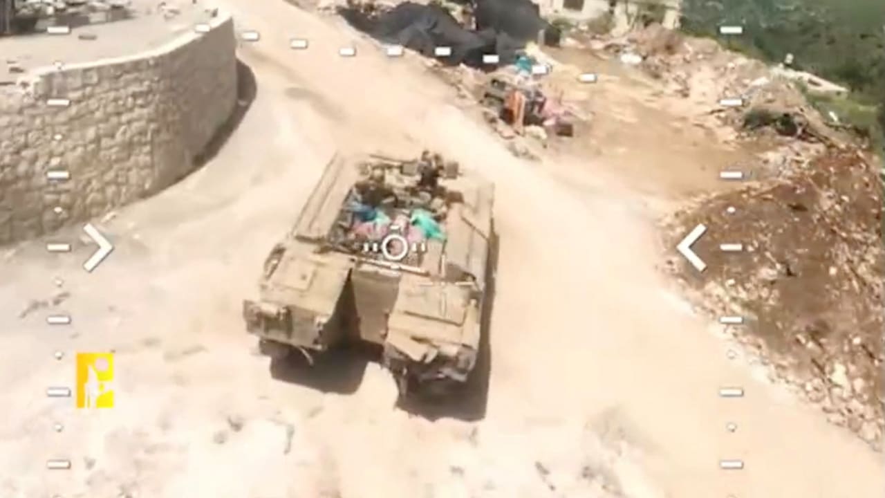Footage released by Hezbollah claims to show an attack on an armored personnel carrier, carried out in Qantara, Lebanon, in this screengrab taken from a handout video released on April 28, 2026
