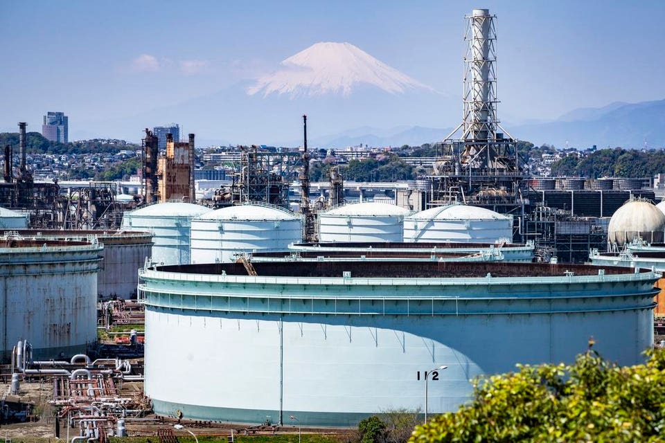 Storage tanks at an oil refinery in Yokohama, Japan.
