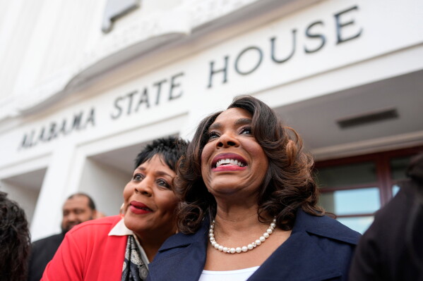 U.S. Rep. Terri Sewell, D-Ala., speaks outside the Alabama state house during a special session of the Alabama Legislature, Tuesday, May 5, 2026, in Montgomery, Ala. (AP Photo/Mike Stewart)