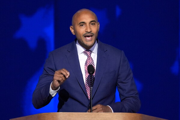Shomari Figures, who is running for Alabama's 2nd Congressional District, speaks during the Democratic National Convention, Aug. 22, 2024, in Chicago. (AP Photo/J. Scott Applewhite, File)