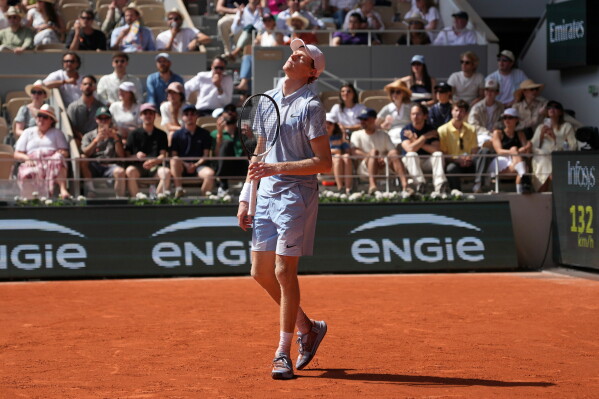 Jannik Sinner of Italy reacts during the second round men's singles tennis match against Juan Manuel Cerundolo of Argentina at the French Open tennis tournament in Paris, Thursday, May 28, 2026. (AP Photo/Thibault Camus)