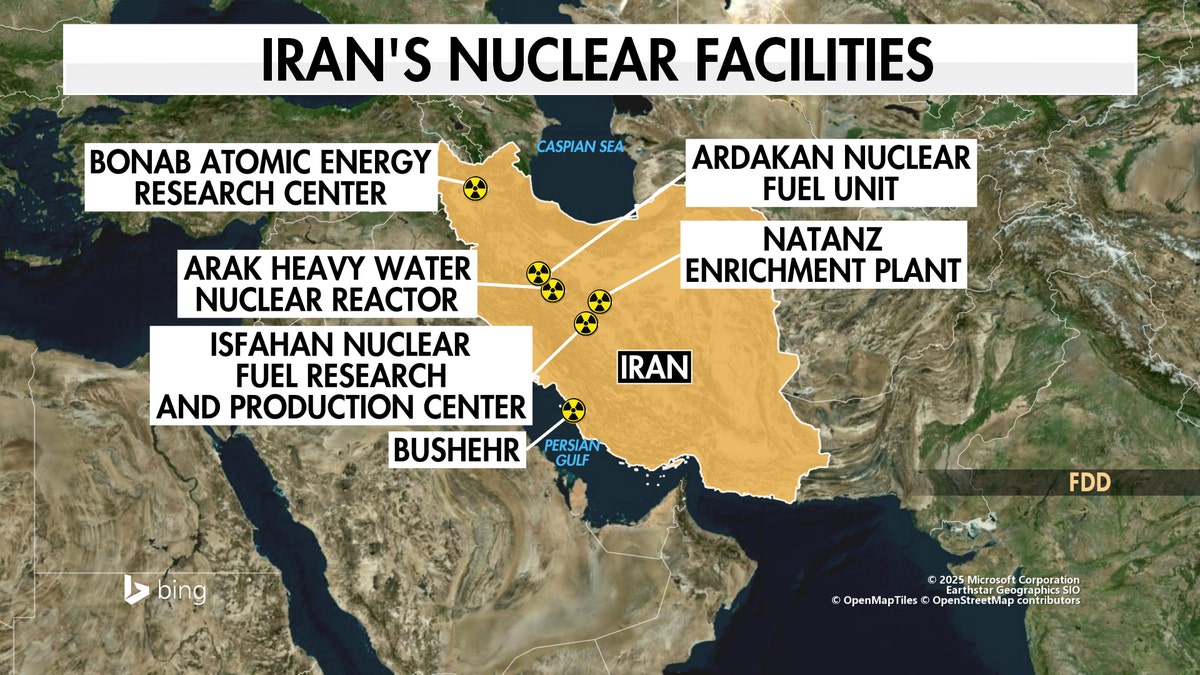Illustration showing a map with Iran's nuclear facilities including Arak reactor and Natanz plant